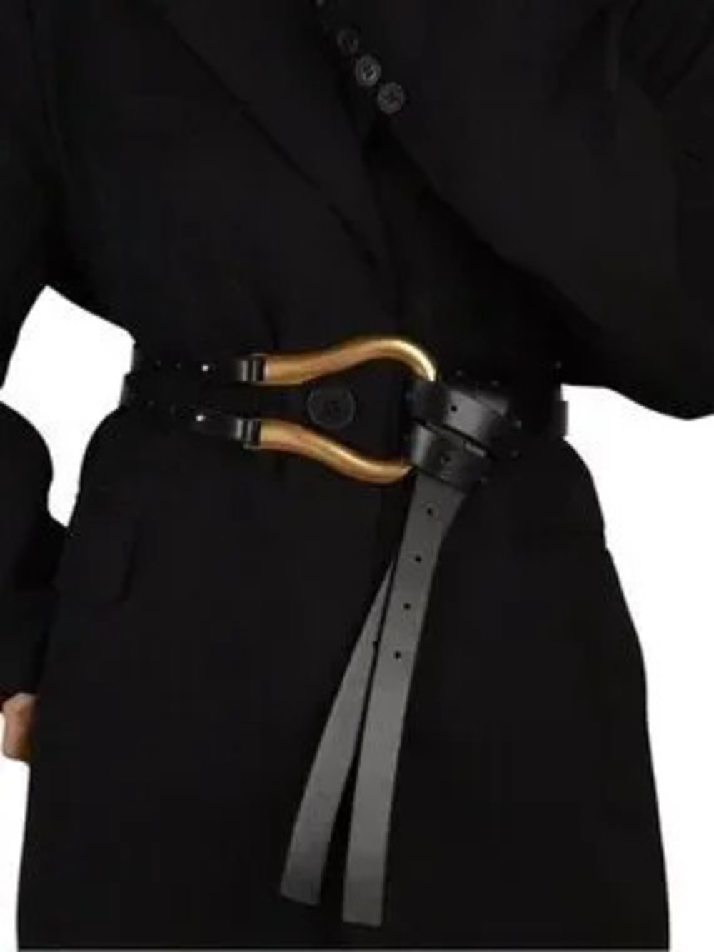 Vintage Black Double-Strap Waist Belt with Gold Horseshoe Accent